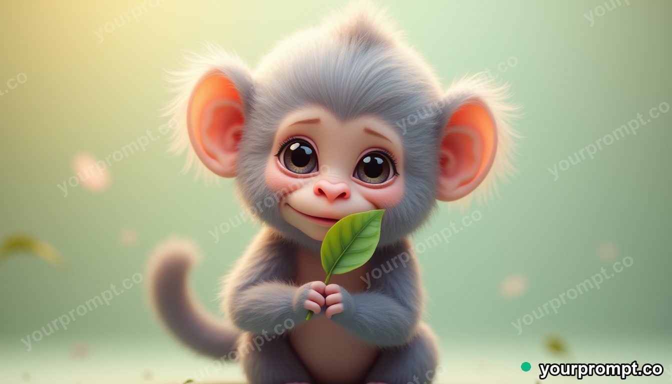 A baby gorilla holding a tiny leaf in kawaii style — AI-generated image from a text prompt
