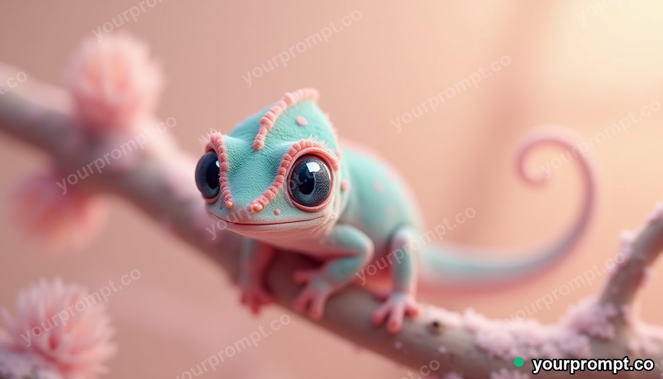 A baby chameleon on a soft twig in kawaii style — AI-generated image from a text prompt