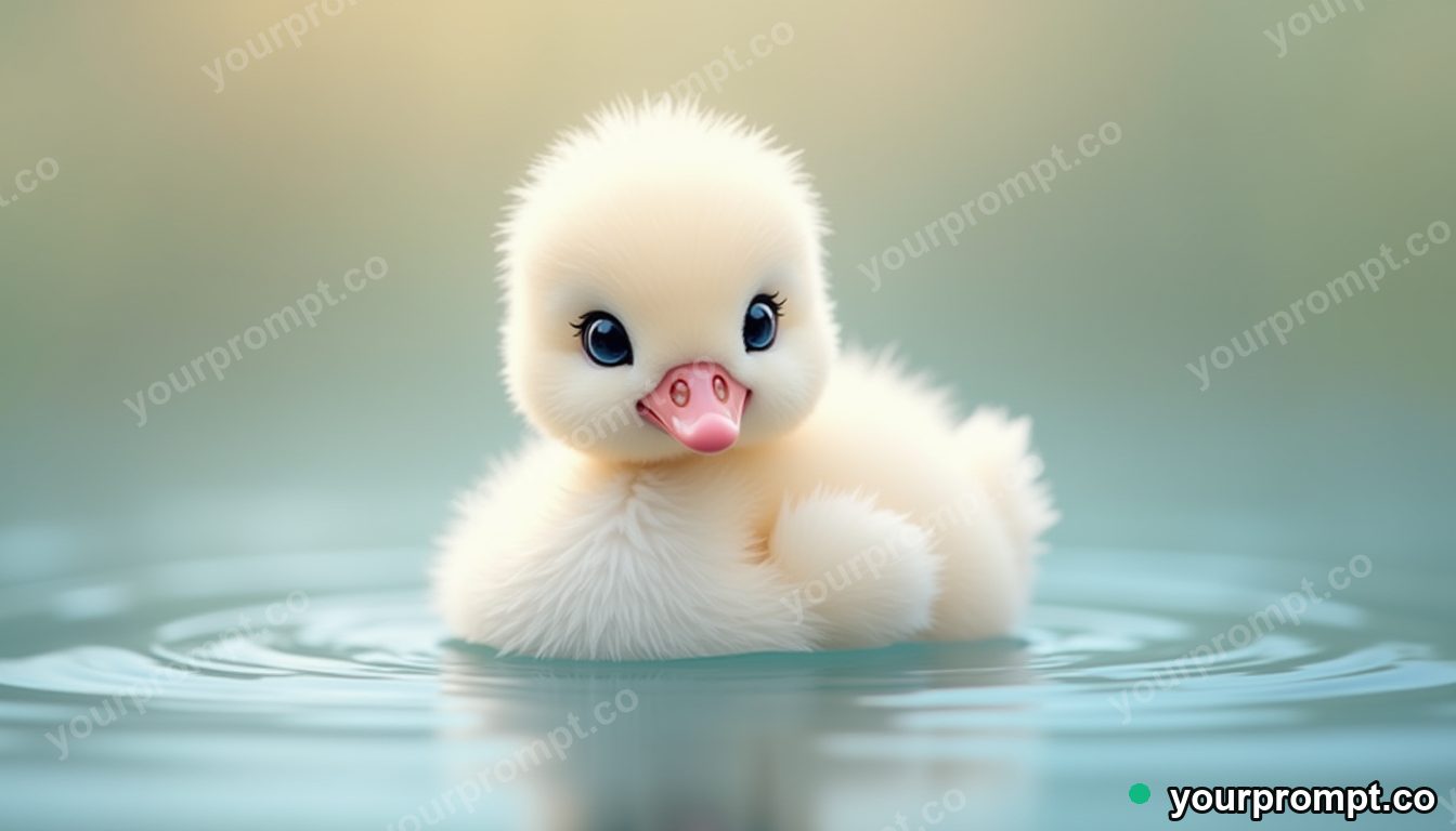 A fluffy cygnet baby swan on calm water in kawaii style — AI-generated image from a text prompt
