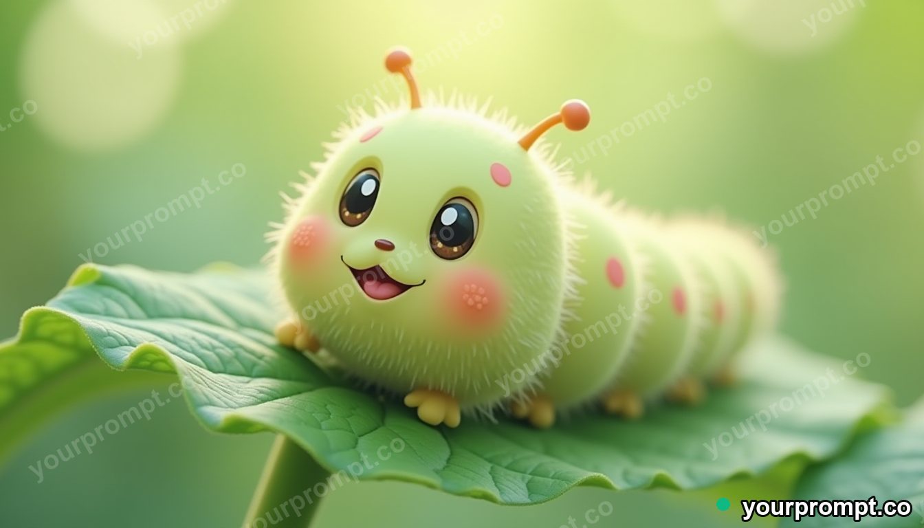 A smiling caterpillar on a green leaf in kawaii style — AI-generated image from a text prompt