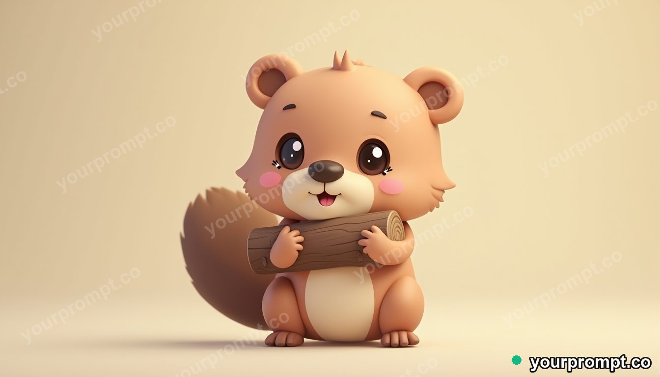 A baby beaver carrying a tiny log in kawaii style — AI-generated image from a text prompt