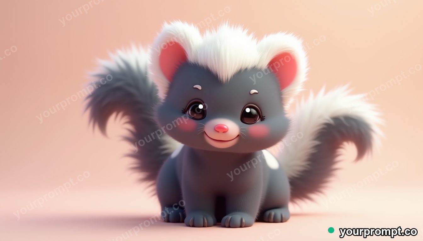 A baby skunk with a fluffy striped tail in kawaii style — AI-generated image from a text prompt