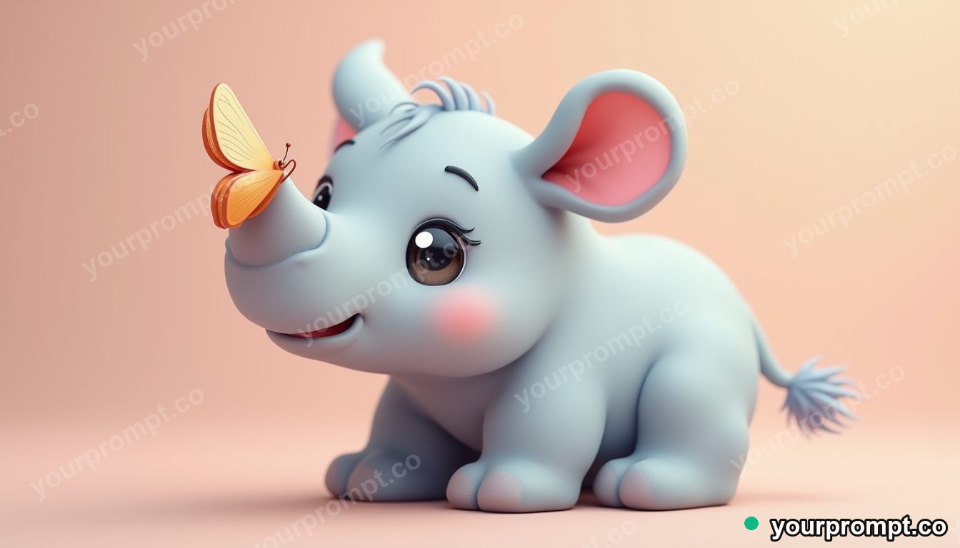 A baby rhino with a butterfly on its nose in kawaii style — AI-generated image from a text prompt