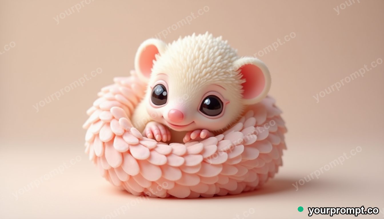 A baby pangolin curled into a ball in kawaii style — AI-generated image from a text prompt