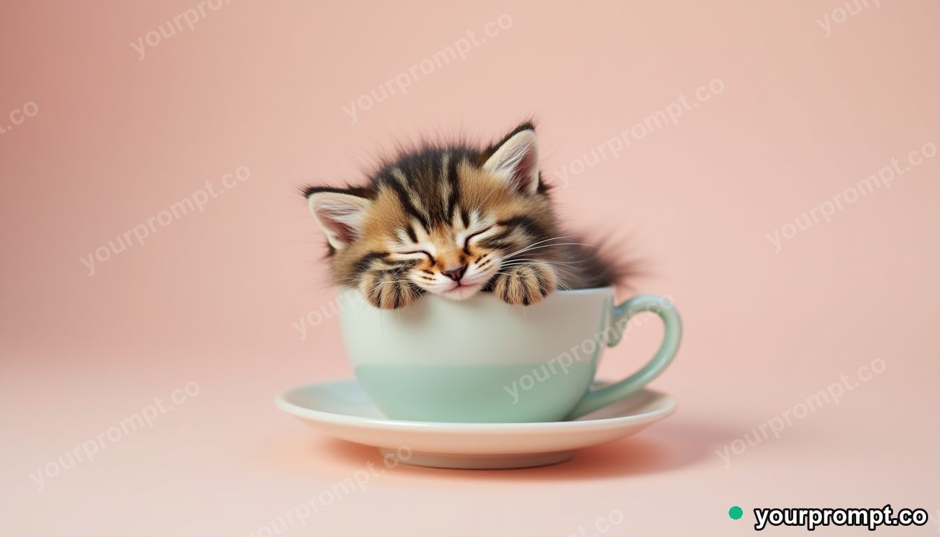 A kitten napping inside a teacup in kawaii style — AI-generated image from a text prompt