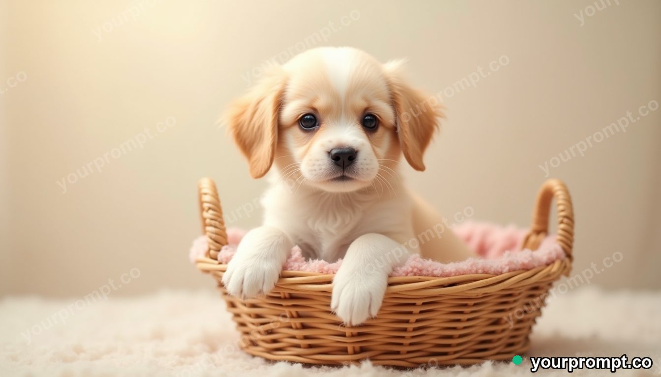 A puppy sitting in a wicker basket in kawaii style — AI-generated image from a text prompt
