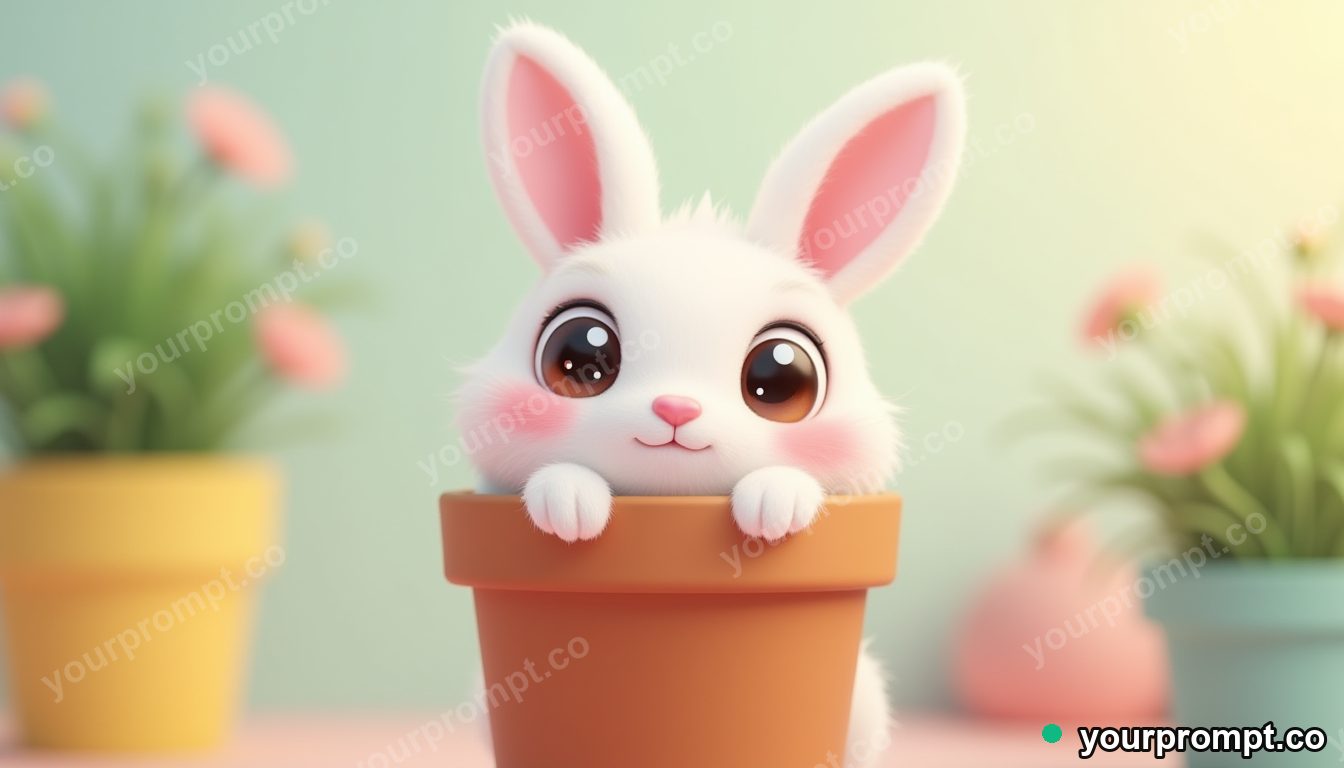 A bunny poking out of a flower pot in kawaii style — AI-generated image from a text prompt