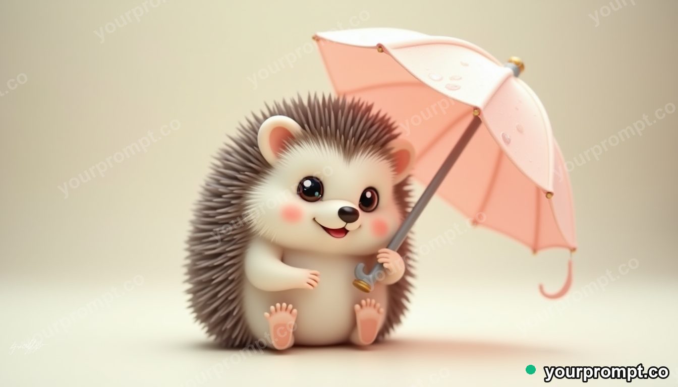 A hedgehog holding a tiny umbrella in kawaii style — AI-generated image from a text prompt