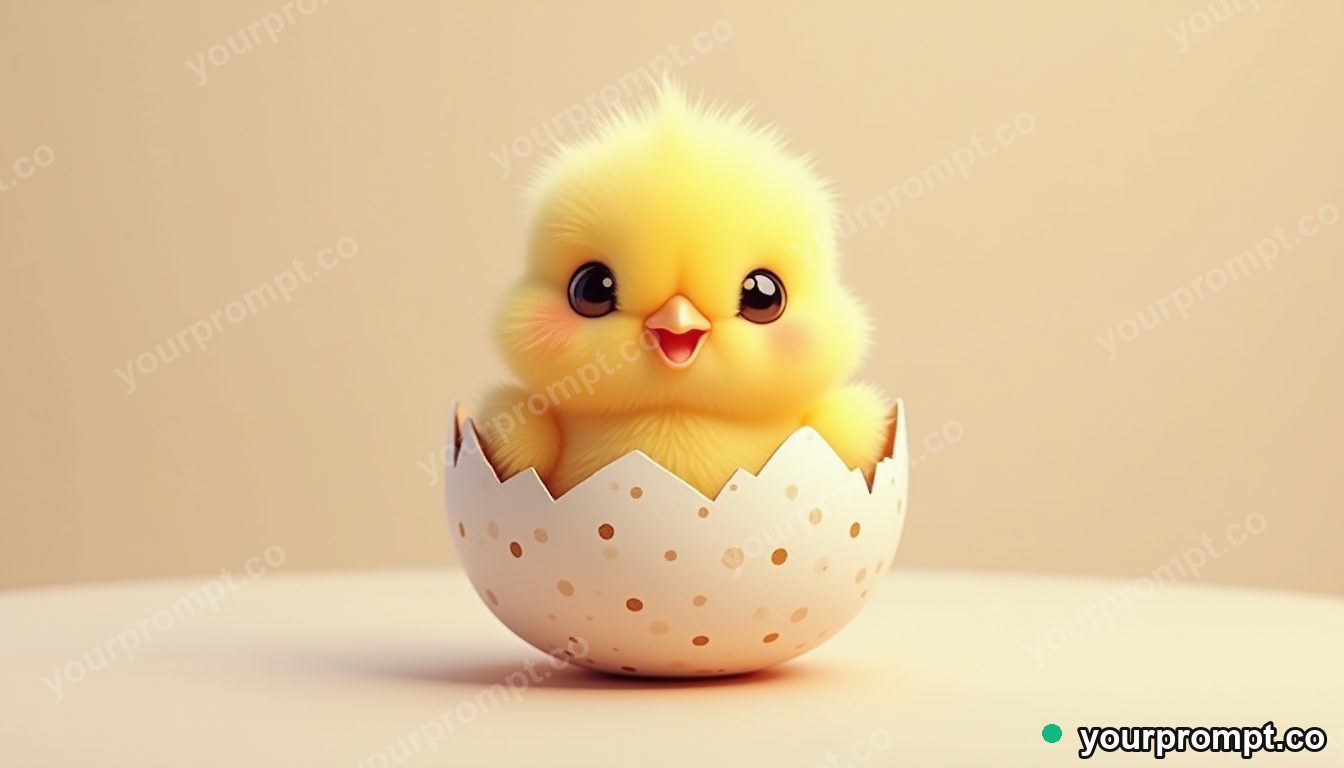 A chick hatching from a speckled egg in kawaii style — AI-generated image from a text prompt