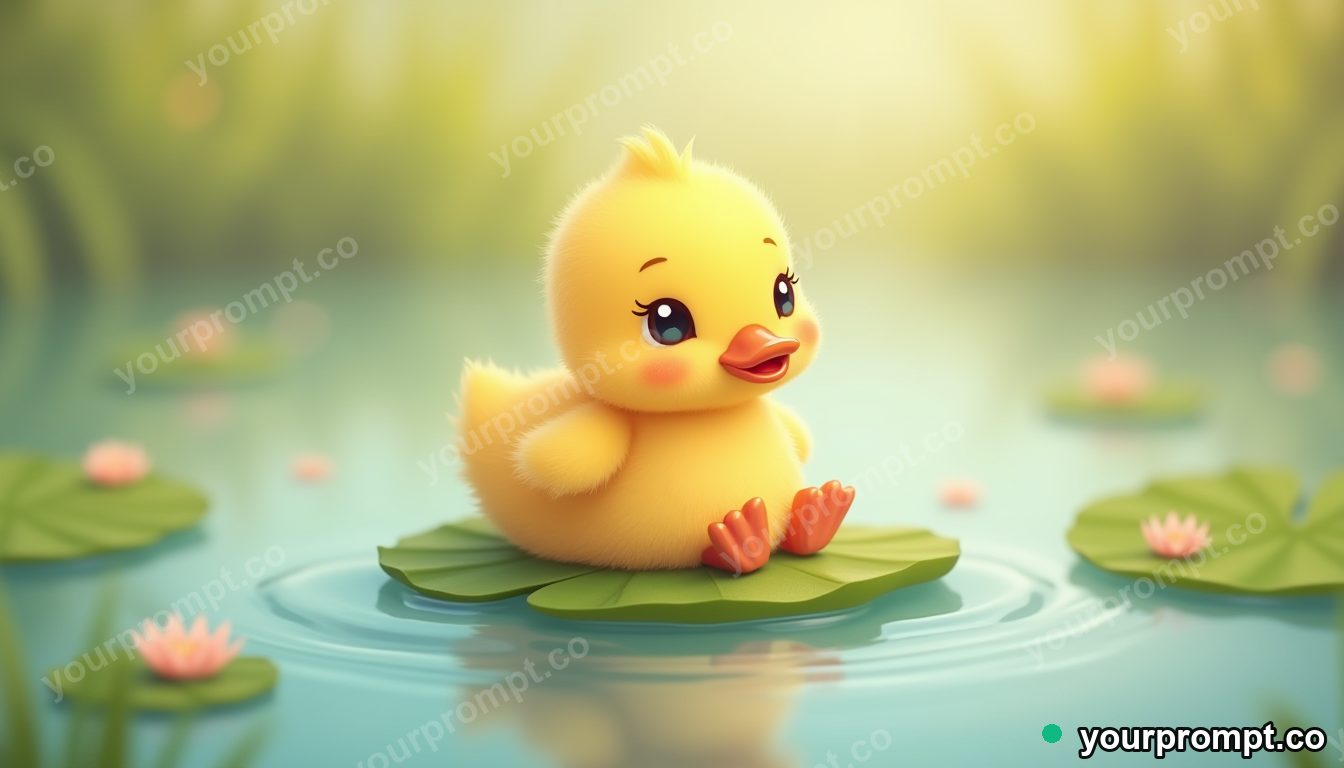 A duckling paddling on a lily pad in kawaii style — AI-generated image from a text prompt