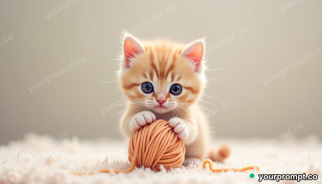 A kitten playing with a ball of yarn in kawaii style — AI-generated image from a text prompt