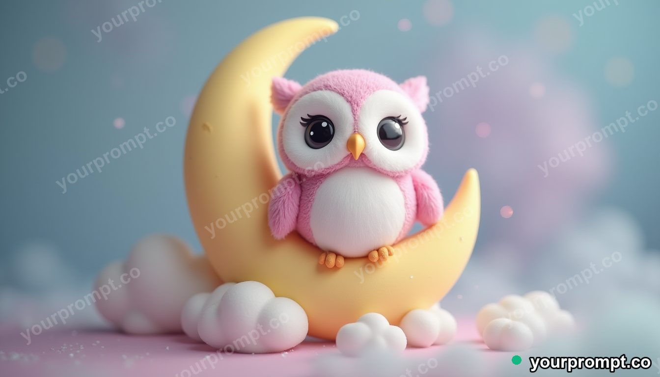 An owl perched on a crescent moon in kawaii style — AI-generated image from a text prompt