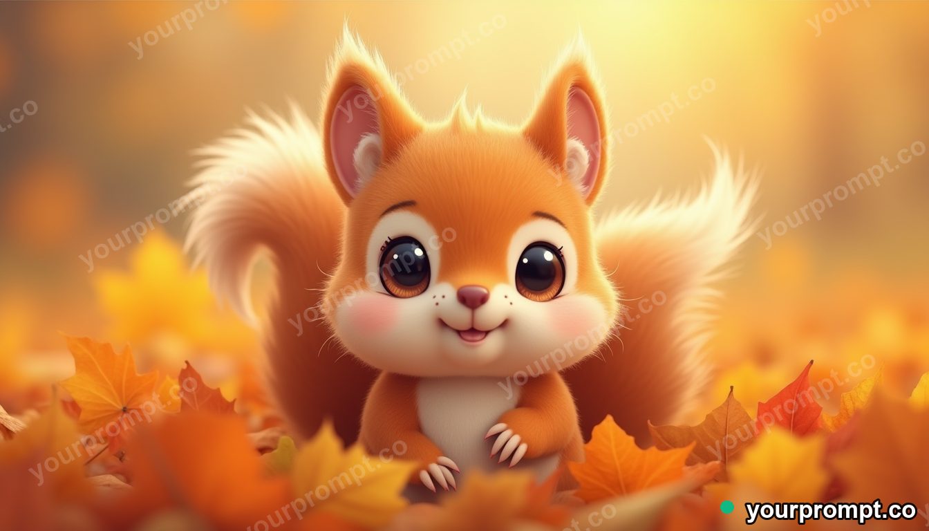 A squirrel in a pile of autumn leaves in kawaii style — AI-generated image from a text prompt