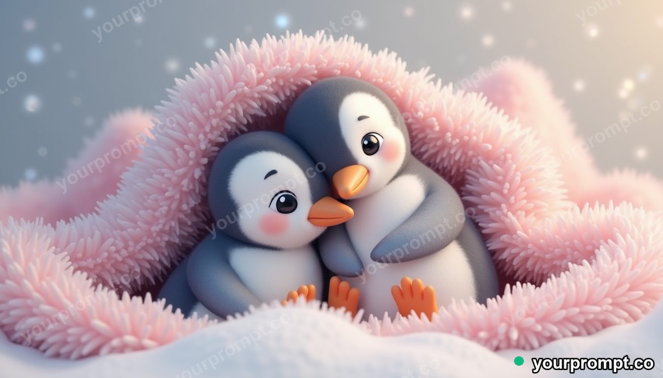 A baby penguin huddle keeping warm in kawaii style — AI-generated image from a text prompt