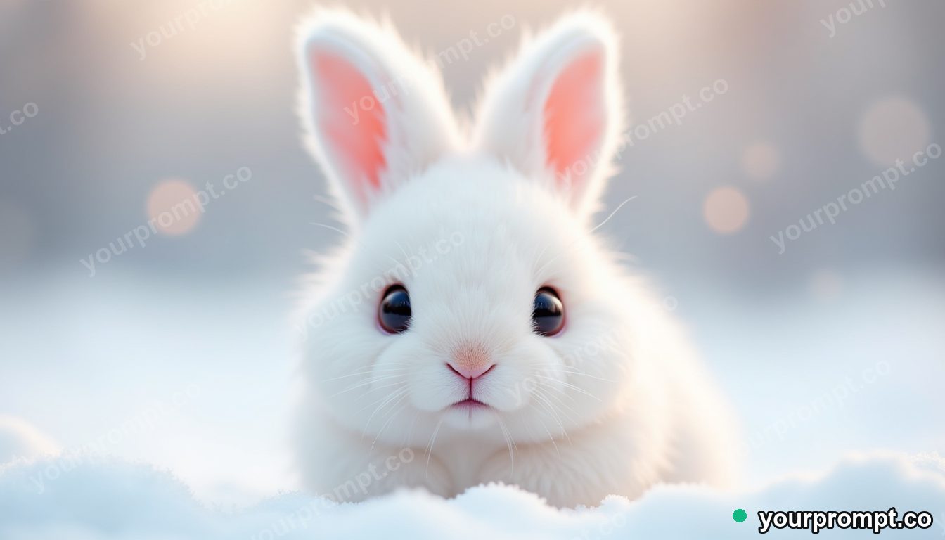 A fluffy arctic hare in soft snow in kawaii style — AI-generated image from a text prompt