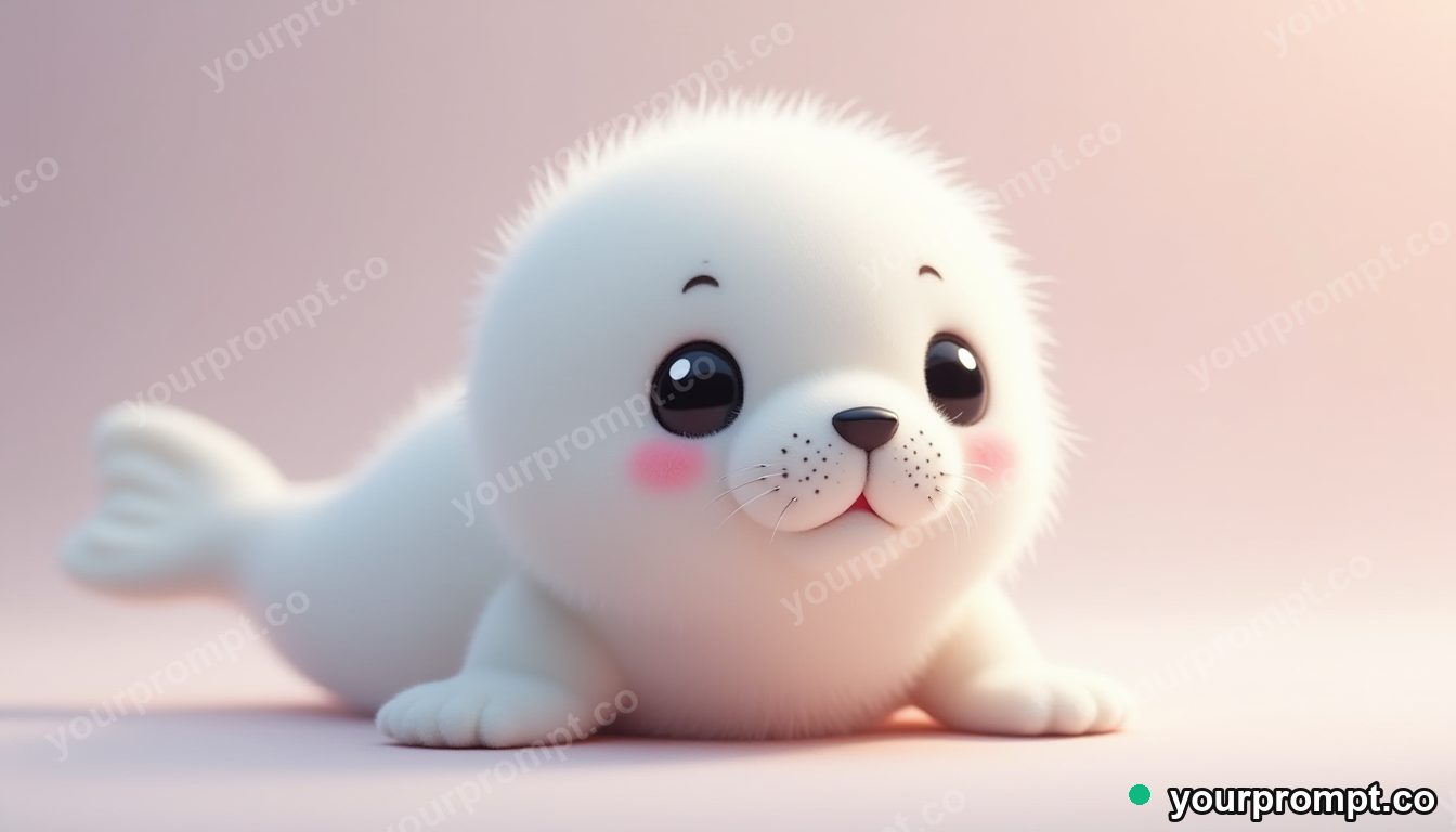 A baby harp seal with shiny black eyes in kawaii style — AI-generated image from a text prompt