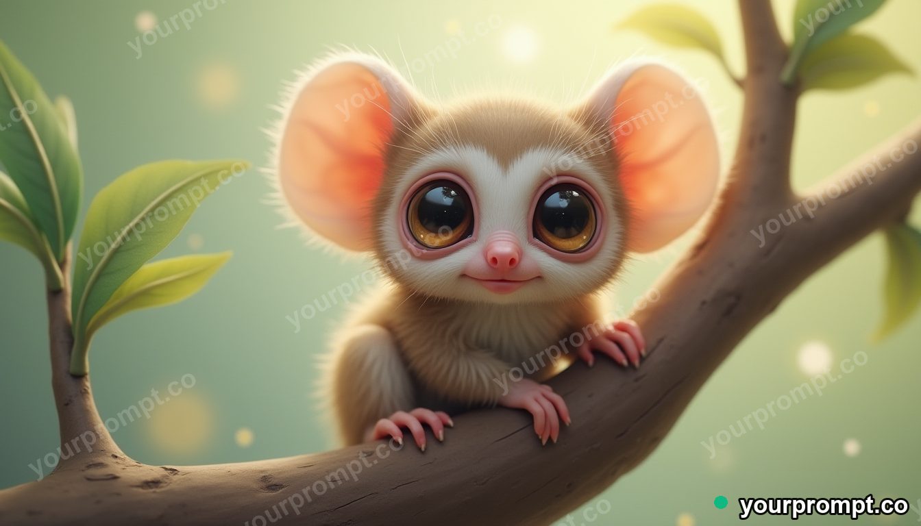A wide-eyed tarsier clinging to a branch in kawaii style — AI-generated image from a text prompt