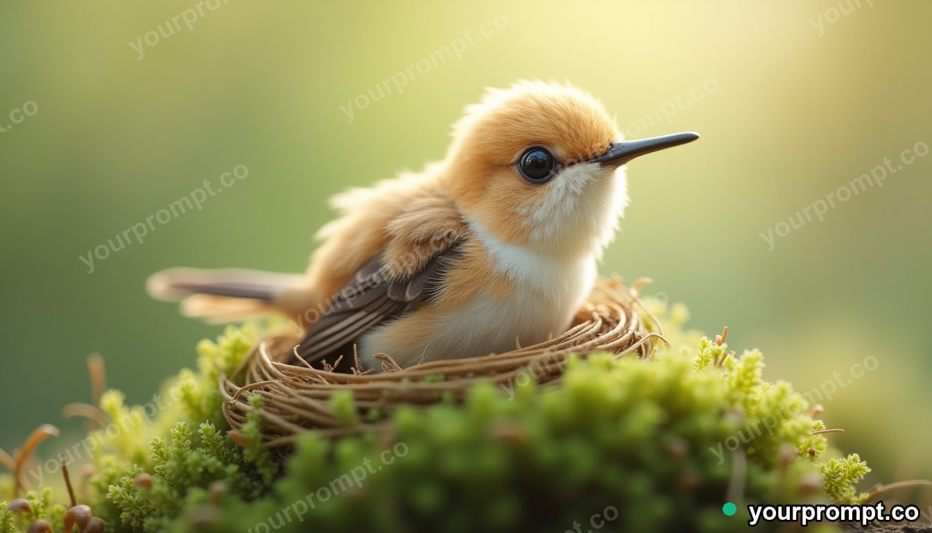 A baby hummingbird in a tiny mossy nest in kawaii style — AI-generated image from a text prompt
