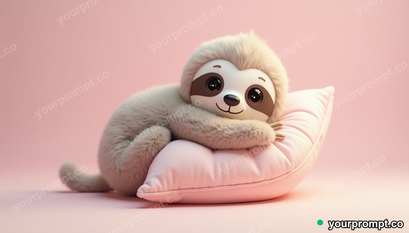 A plush sloth hugging a soft pillow in kawaii style — AI-generated image from a text prompt