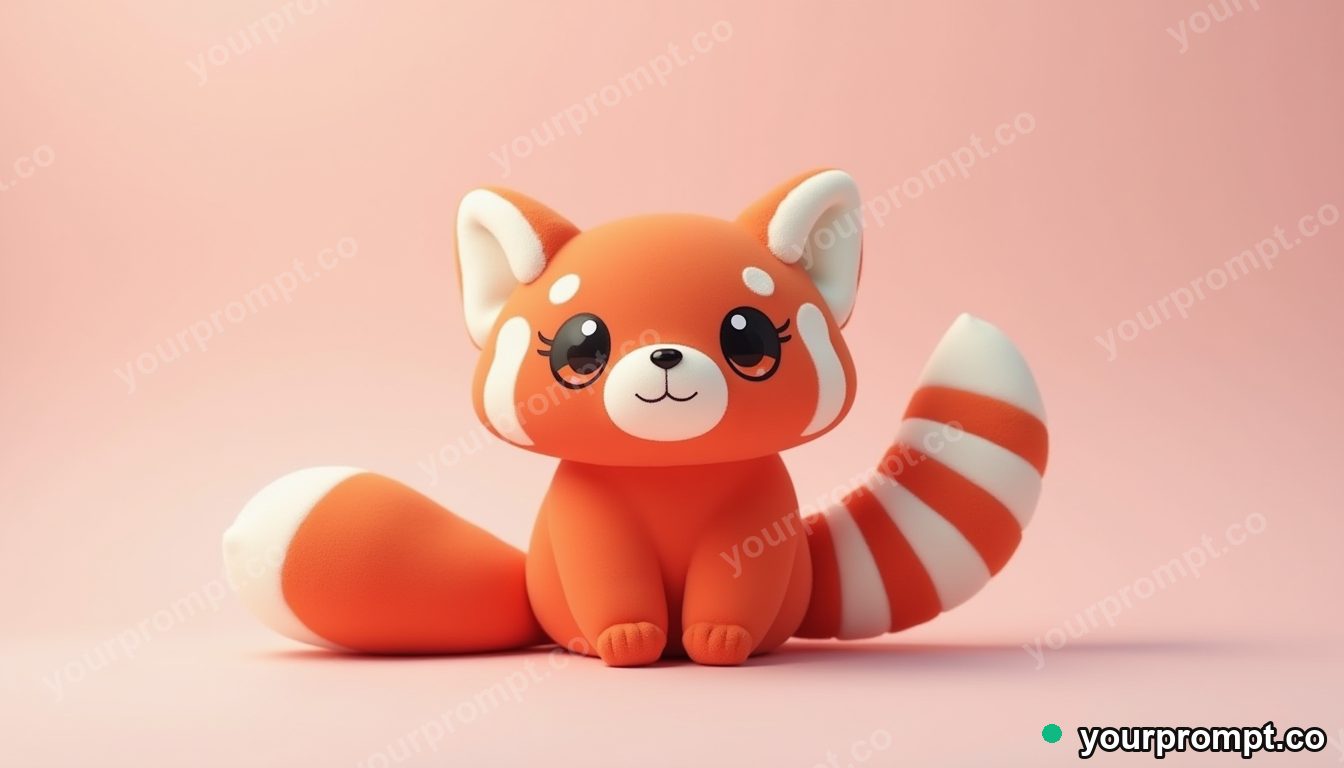 A plush red panda toy with a striped tail in kawaii style — AI-generated image from a text prompt