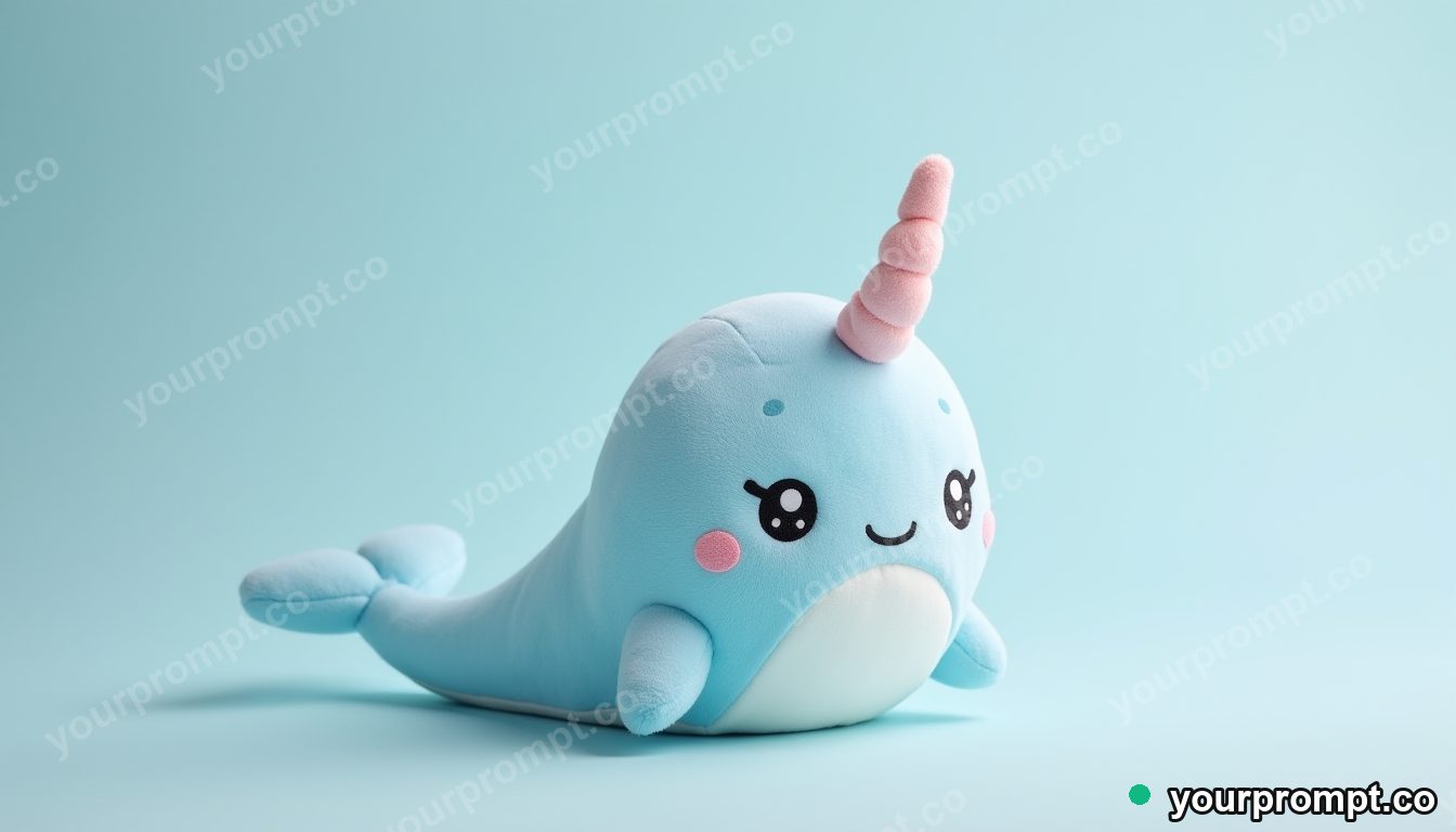 A plush narwhal in pastel blue in kawaii style — AI-generated image from a text prompt