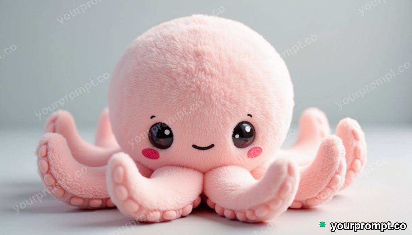 A plush octopus with a shy smile in kawaii style — AI-generated image from a text prompt