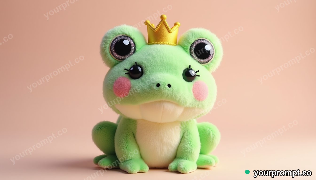 A plush frog prince with a tiny crown in kawaii style — AI-generated image from a text prompt
