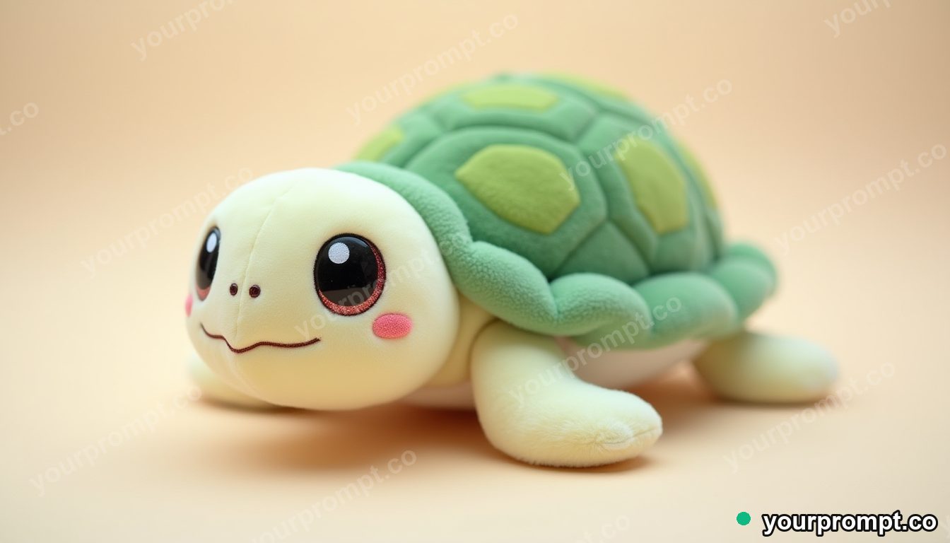 A plush turtle with a rounded green shell in kawaii style — AI-generated image from a text prompt