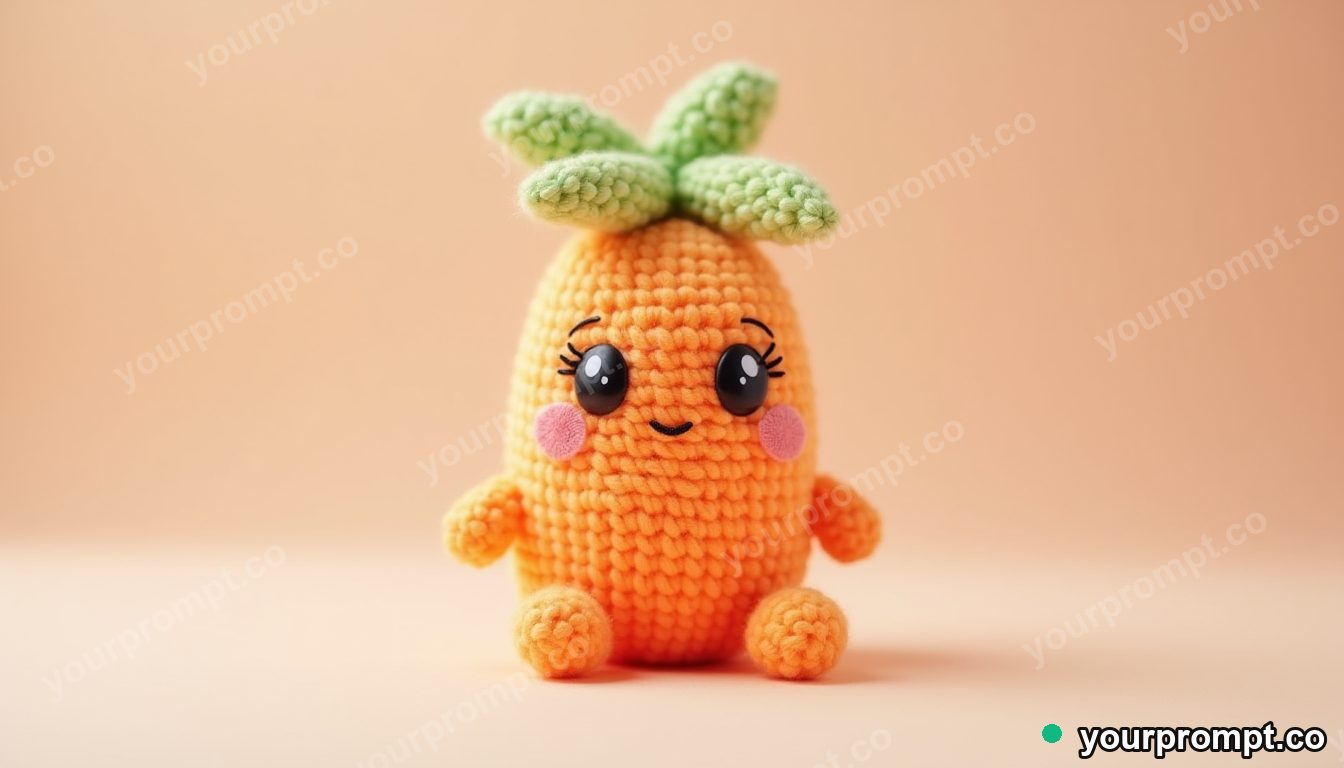 A knitted carrot toy with a leafy top in kawaii style — AI-generated image from a text prompt