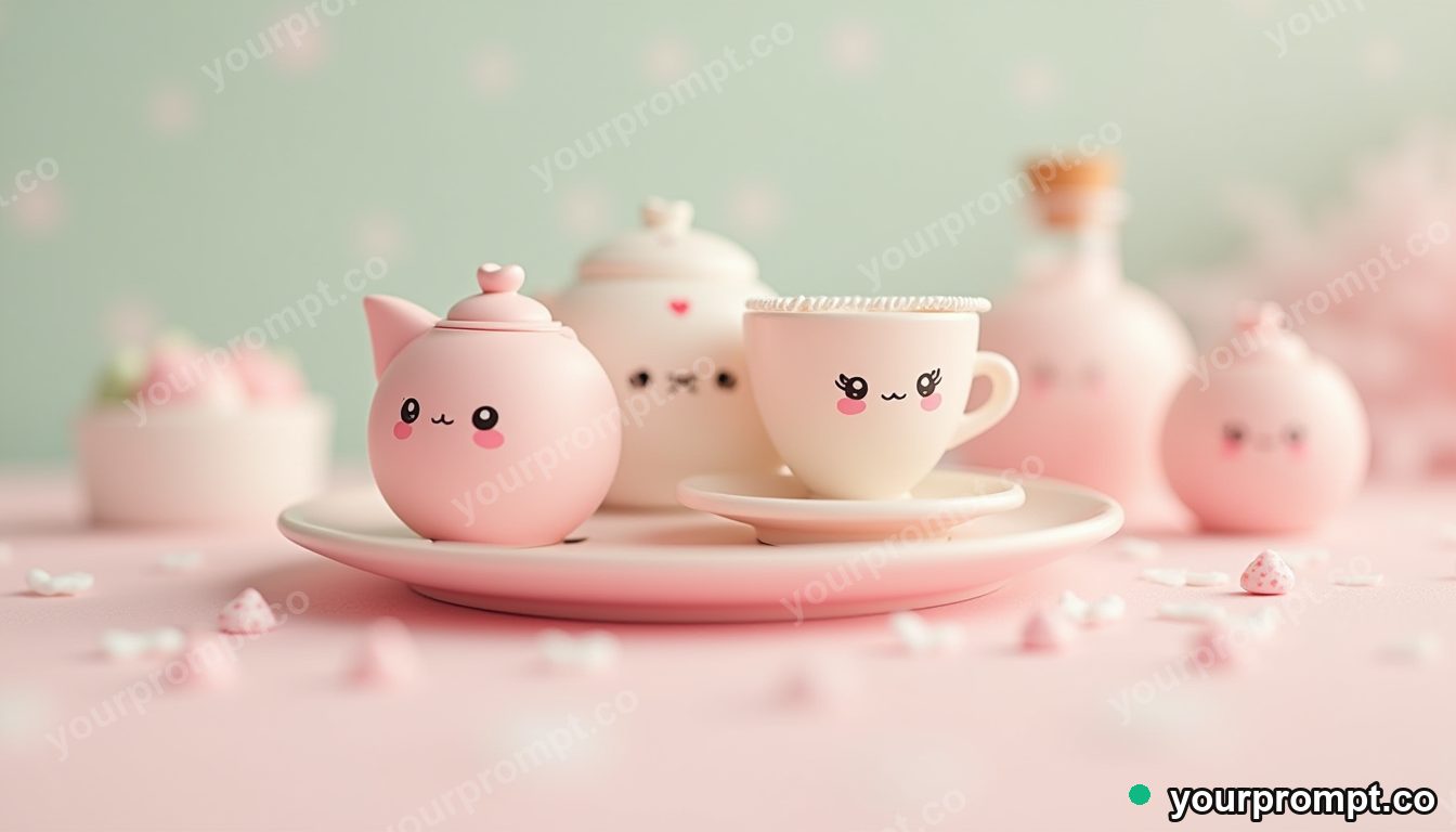 A tiny toy tea set in soft colors in kawaii style — AI-generated image from a text prompt