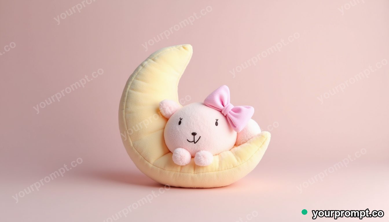 A crescent-moon plush with a sleepy face in kawaii style — AI-generated image from a text prompt
