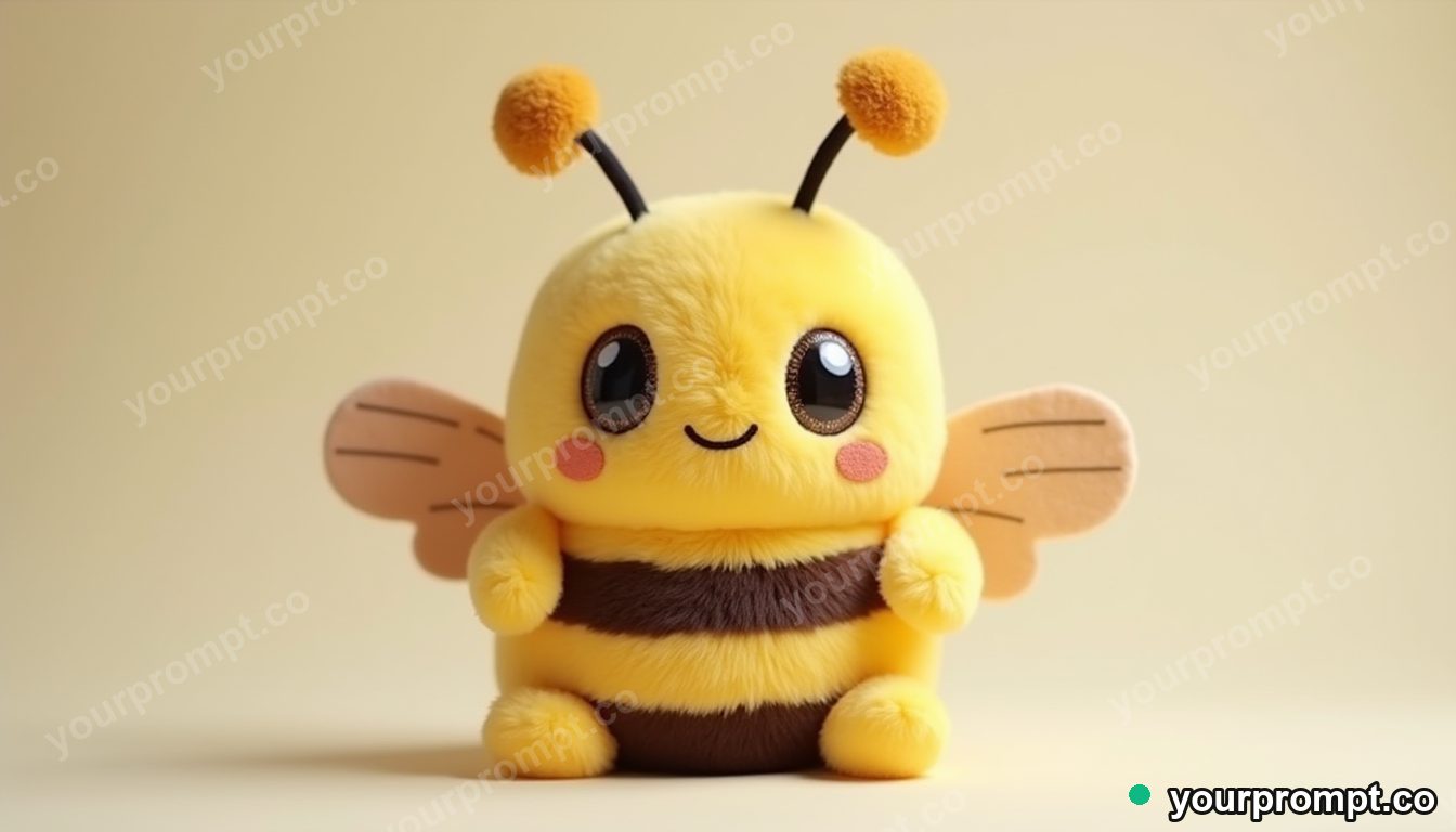 A plush bee with stripy felt wings in kawaii style — AI-generated image from a text prompt