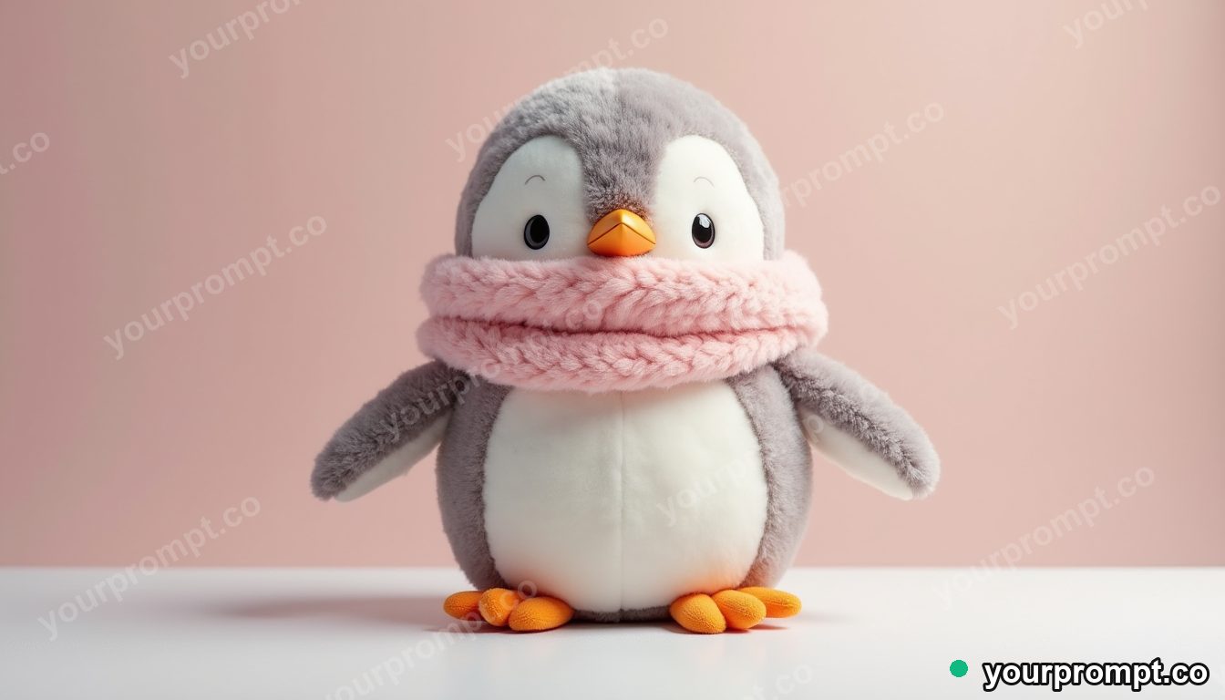A plush penguin wearing a cozy scarf in kawaii style — AI-generated image from a text prompt