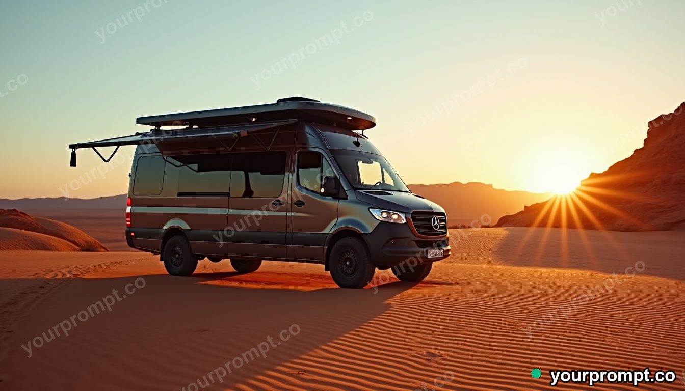 Modern RV with solar panels camping in desert — AI-generated image from a text prompt