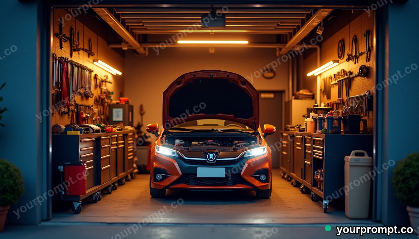 A compact city garage packed efficiently with tools and a hatchback in professional photograph style — AI-generated image from a text prompt