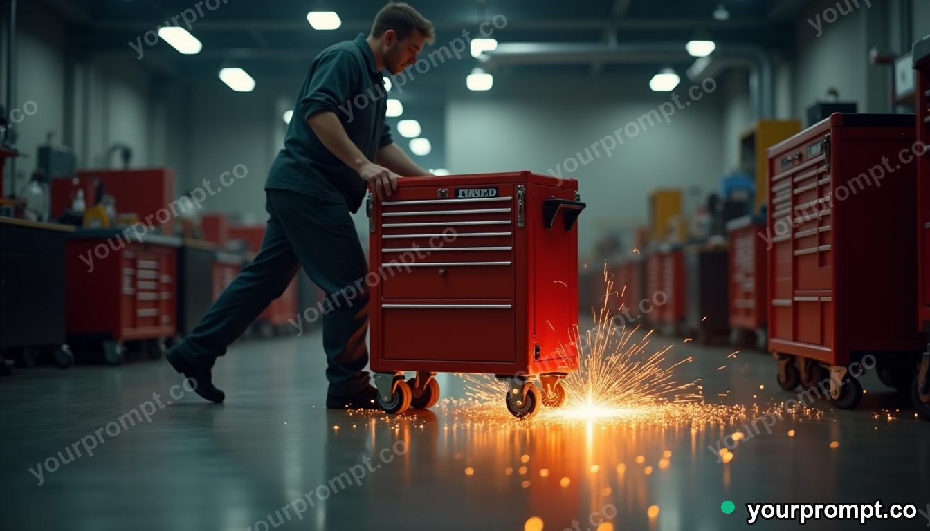 A mechanic rolling a tool chest across a shop floor in cinematic film still style — AI-generated image from a text prompt
