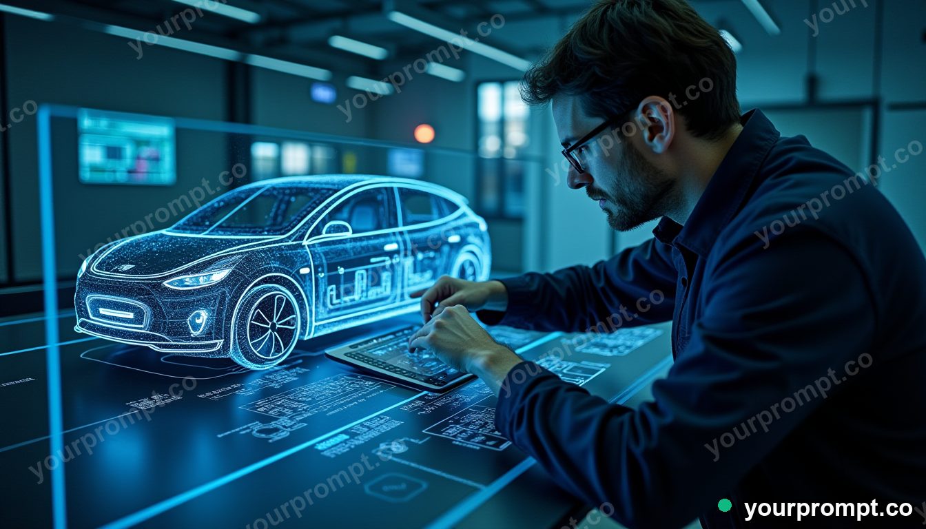 A technician running diagnostics on an electric car in technical blueprint illustration style — AI-generated image from a text prompt