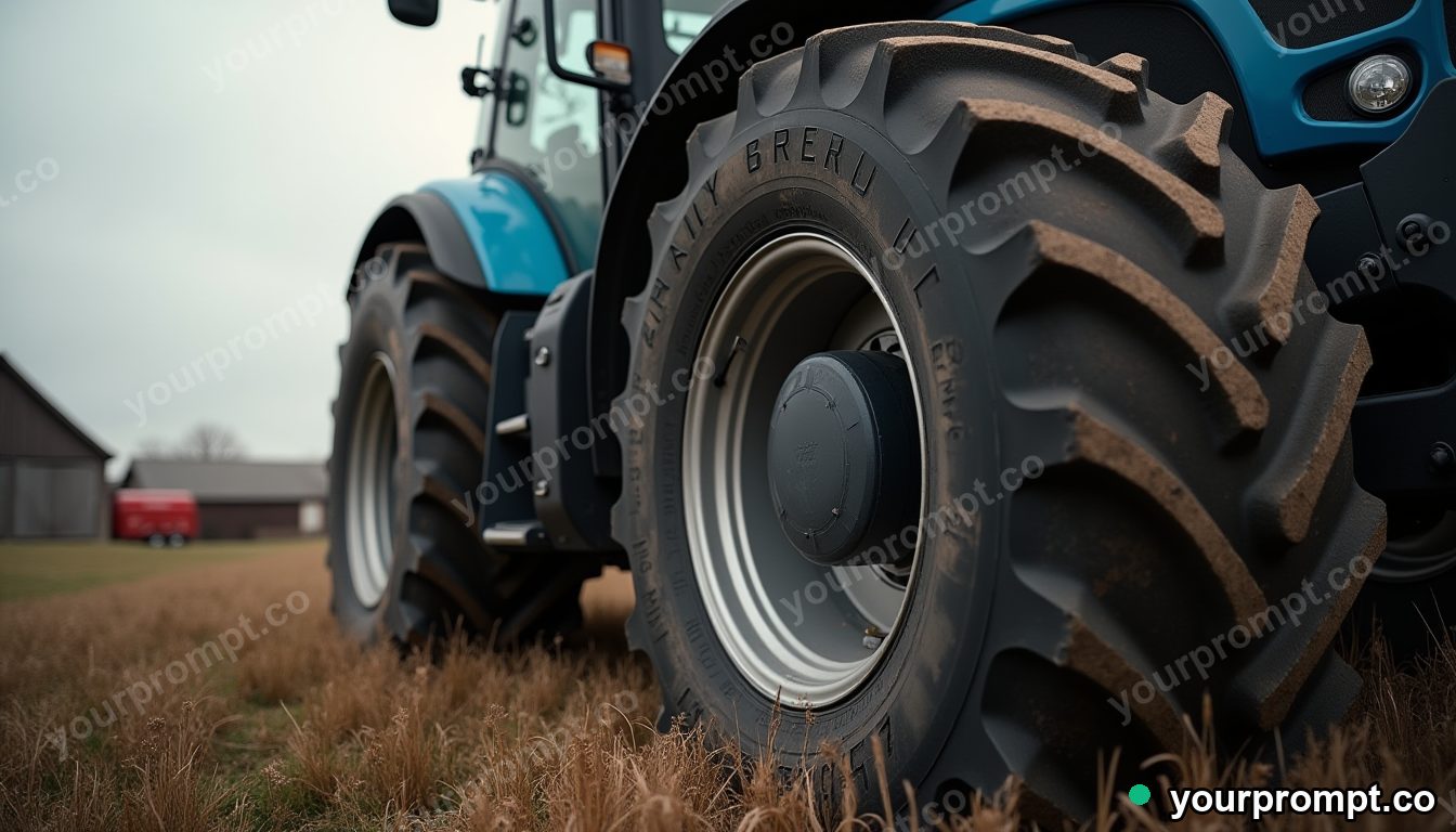 A chunky tractor tire against a barn in dramatic chiaroscuro photo style — AI-generated image from a text prompt