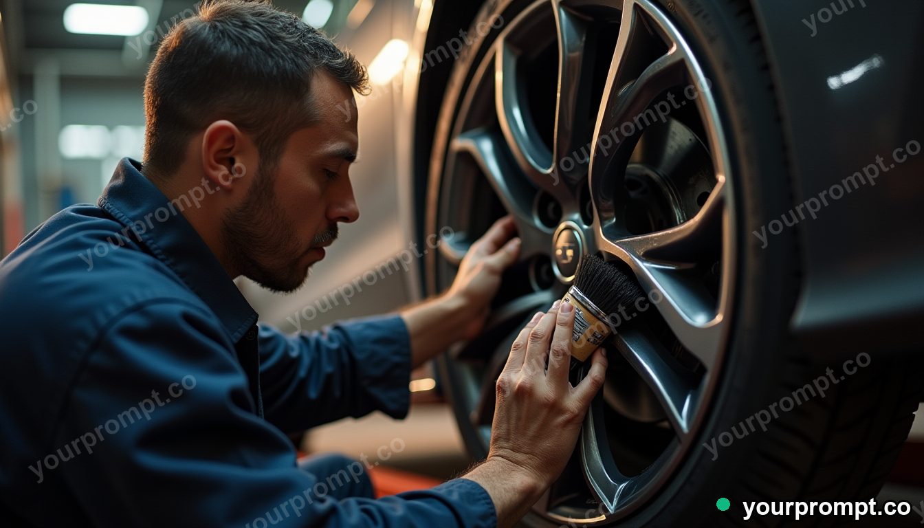 A detailer cleaning an alloy wheel with a brush in vintage film photograph style — AI-generated image from a text prompt