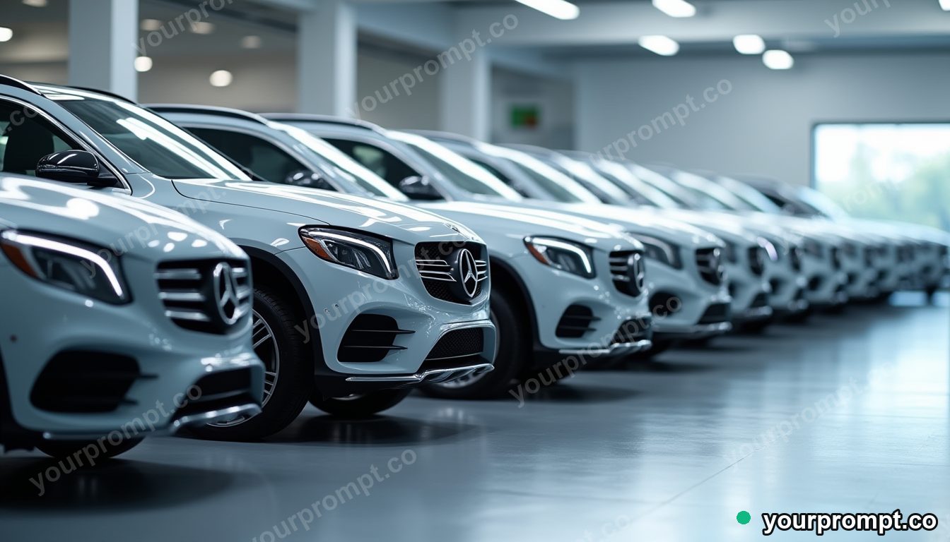 A fleet of identical service loaner cars parked in a row in clean catalog product shot style — AI-generated image from a text prompt