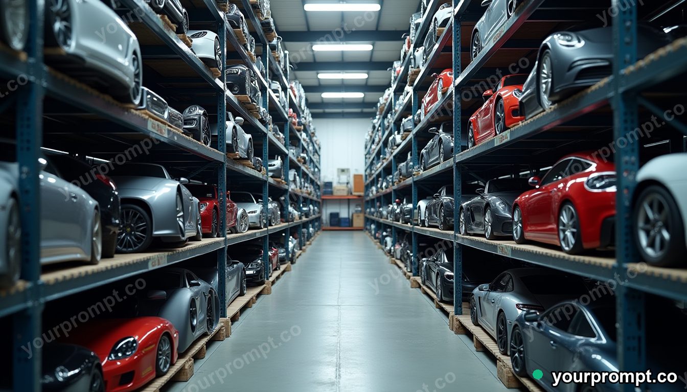 A heavy-duty steel shelving unit with car parts in wide-angle architectural photo style — AI-generated image from a text prompt