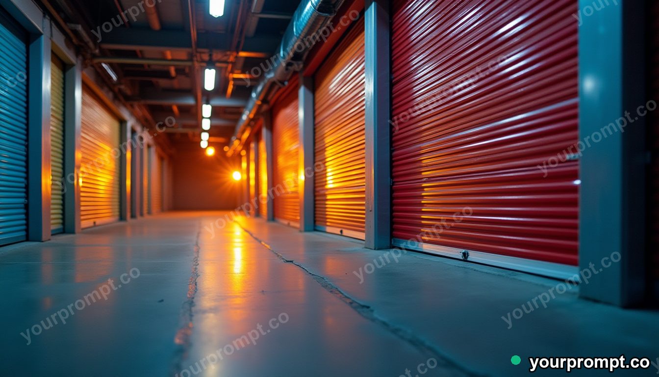 A row of storage garages with colorful roller shutters in extreme macro photograph style — AI-generated image from a text prompt