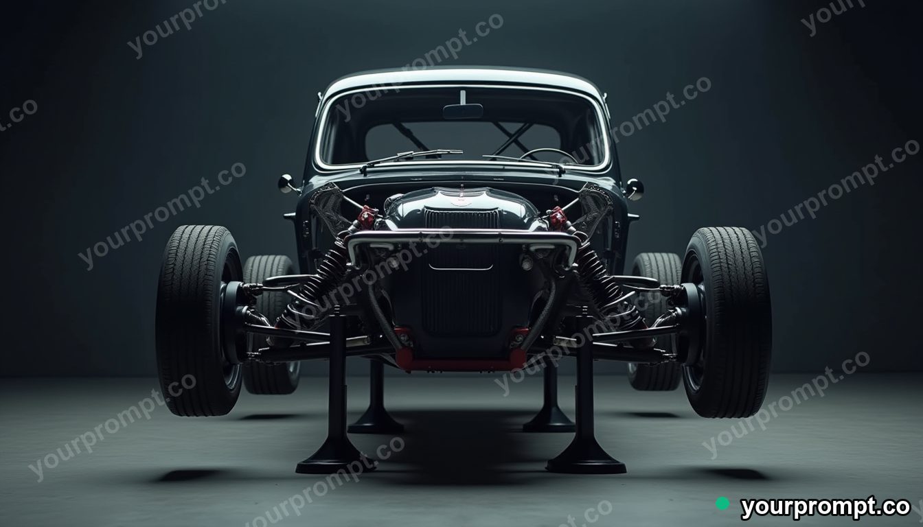 A project car up on stands with wheels removed in moody low-key photograph style — AI-generated image from a text prompt