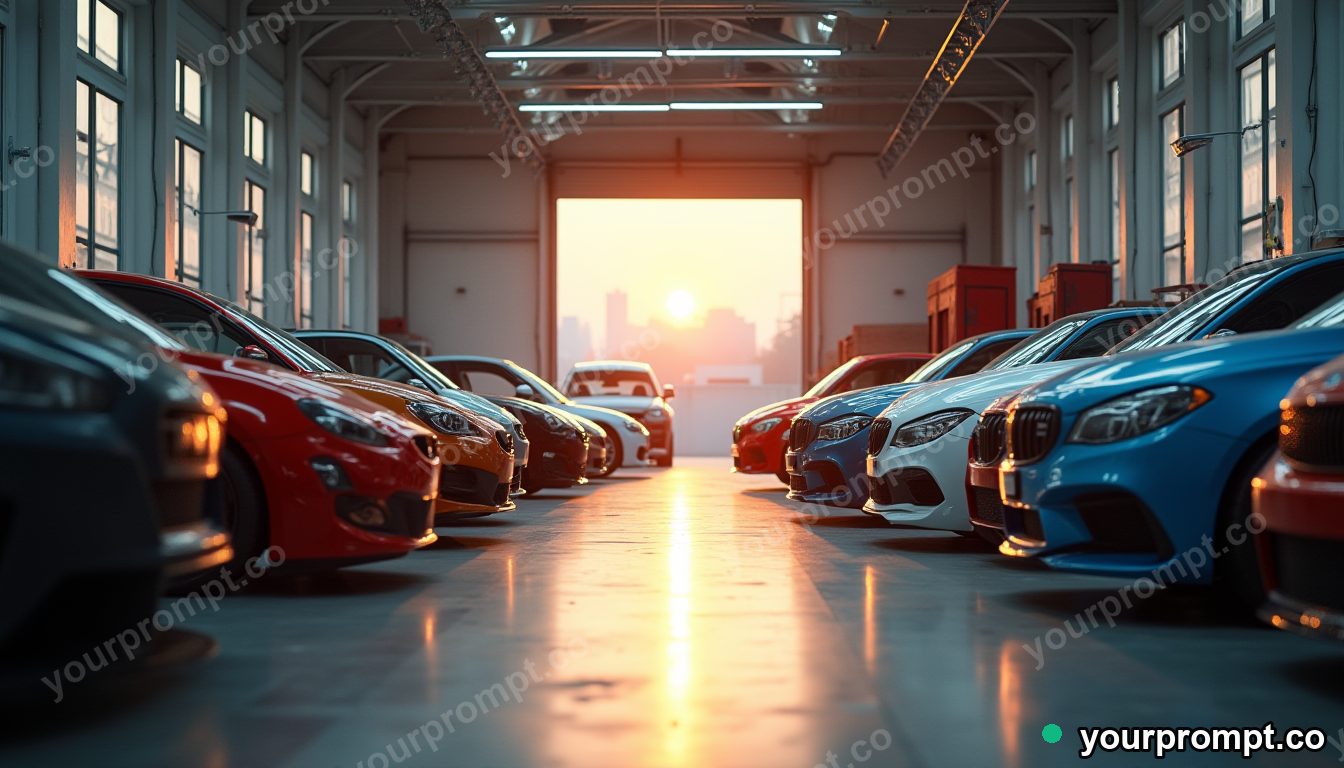 A paint and body shop bay with masked vehicles in golden-hour lifestyle photo style — AI-generated image from a text prompt