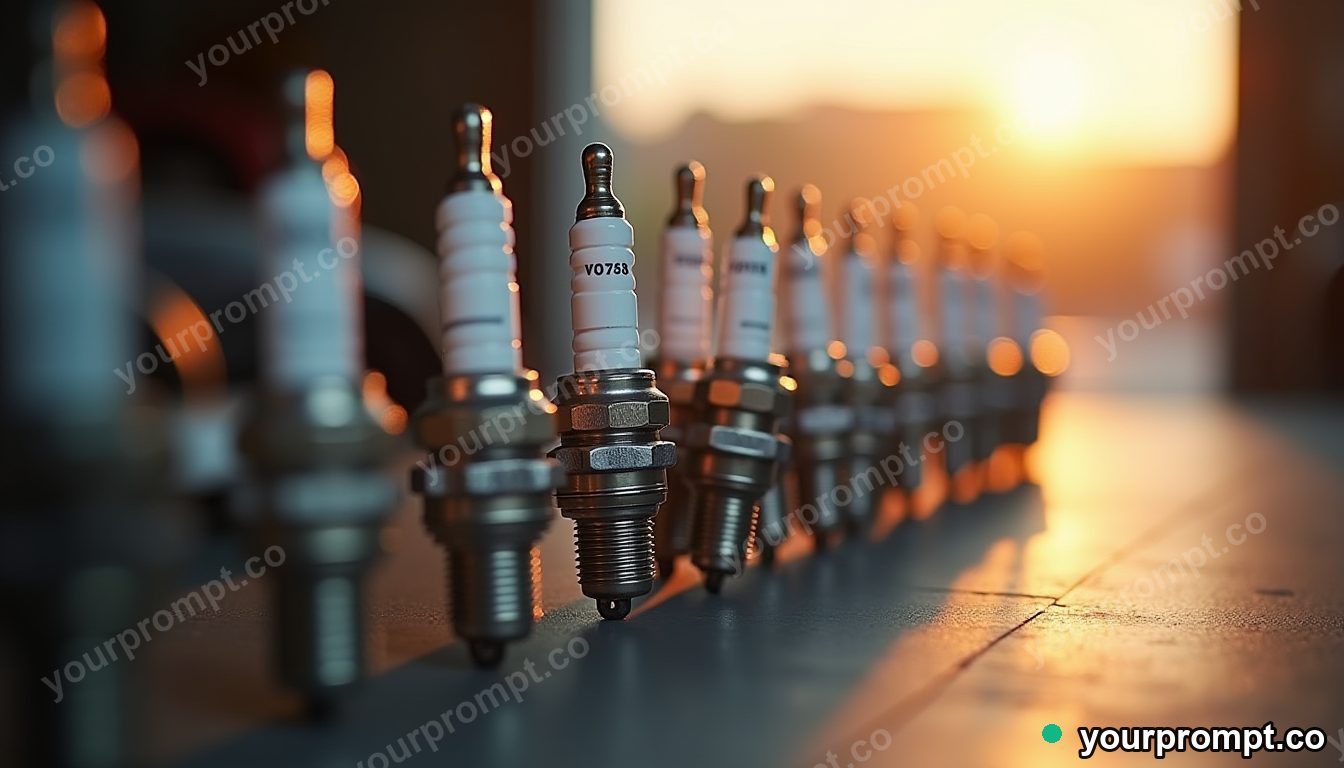 A row of spark plugs new and used, macro in high-key bright product shot style — AI-generated image from a text prompt