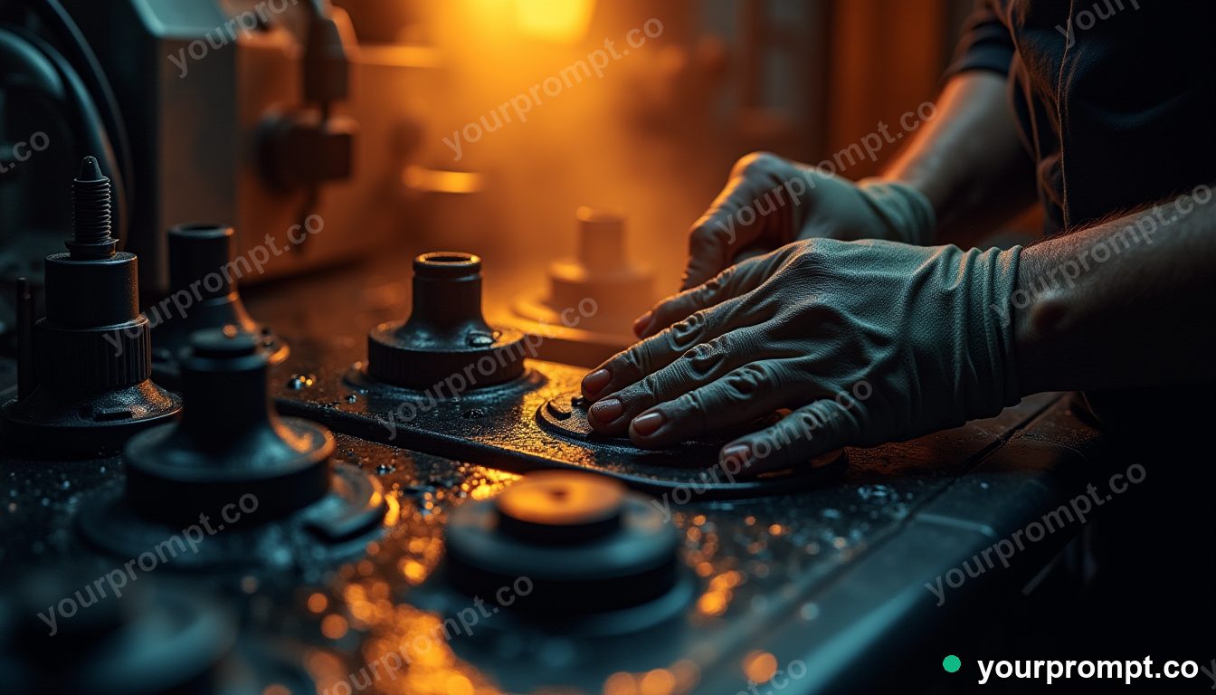 A parts washer cleaning greasy components in gritty documentary photo style — AI-generated image from a text prompt
