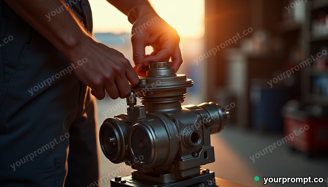 A mechanic adjusting a bike's carburetor, macro in polished advertising render style — AI-generated image from a text prompt