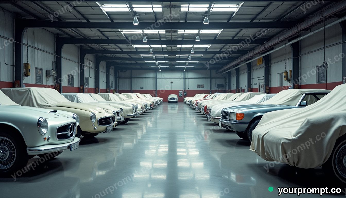 A collector's warehouse garage lined with covered vintage cars in professional photograph style — AI-generated image from a text prompt