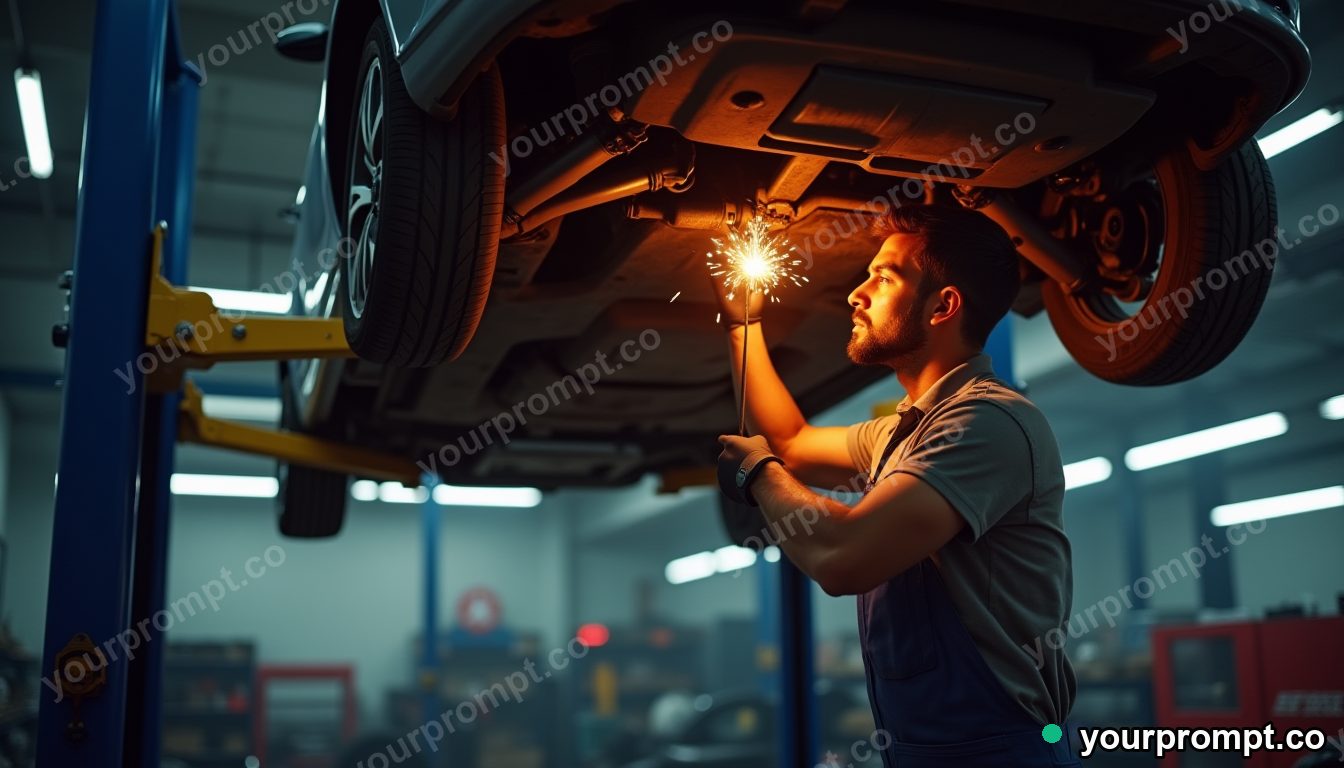 A mechanic in coveralls working under a car on a lift in cinematic film still style — AI-generated image from a text prompt