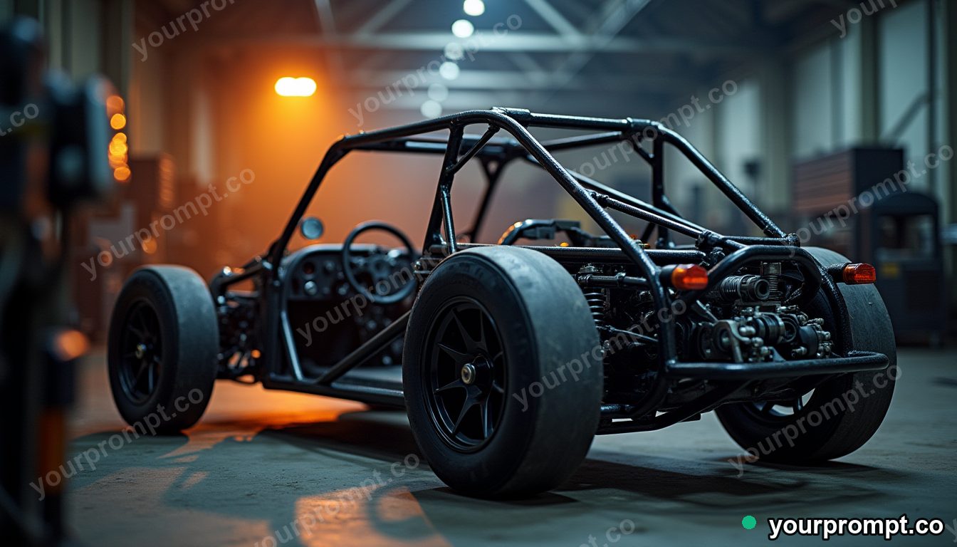 A freshly welded roll cage in a race car in studio product photography style — AI-generated image from a text prompt